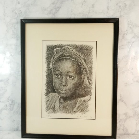 Pencil Drawing of Doe-Eyed Seeing Little Girl Of African Descent Wearing Scarf o - Picture 1 of 4